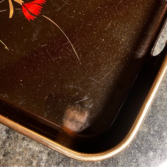 Toyo Black Plastic Tray w/ Red Flower Graphics Gold Trim Asian Faux Lacquerware - Picture 5 of 10
